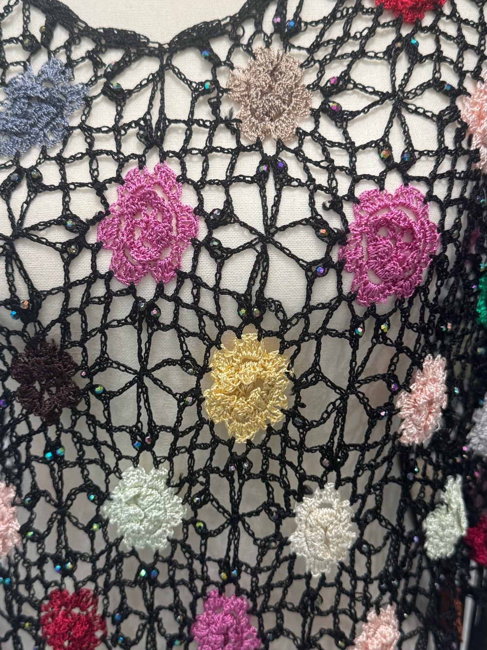 Y2K
Black Crochet Floral Fringe Poncho with Multicolor Flowers - Picture 4 of 7
